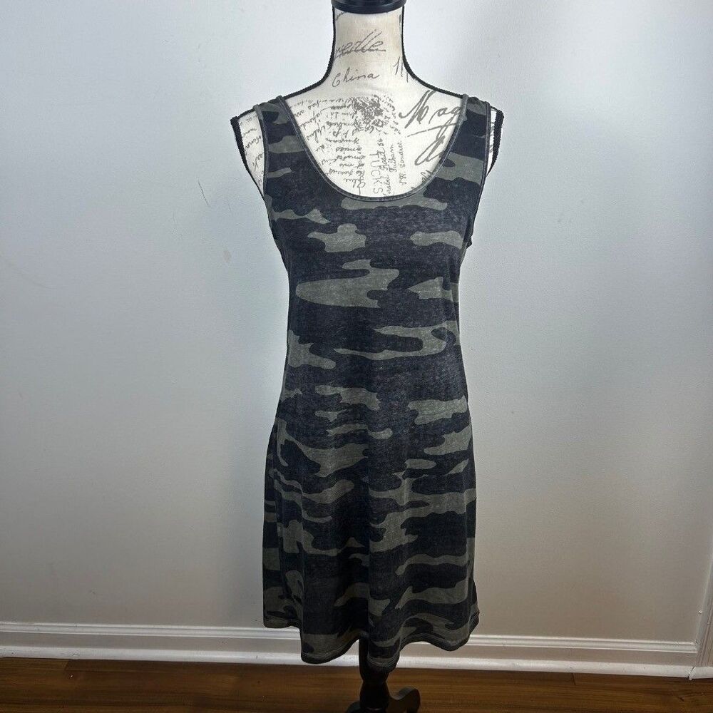 Lucky Brand Camo Tank Dress Womens Small Green Gray Camouflage Ruched Back Knit